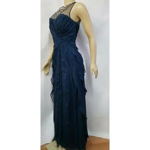 ADRIANNA PAPELL Beaded Twist Front Sz 6 Mesh Navy Women's Dress NEW#CB2